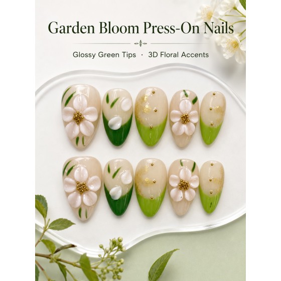 New‑Chinese Style 3D Pink Flower Press‑On Nails, Nude Green French Tips with Gold Foil & Gold Beads, Medium‑Long Almond False Nails